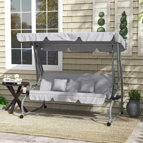 VivaGarden Dondolo da Giardino 3 Posti Reclinabile a Letto con Tettuccio Parasole e Portabicchieri in Metallo Dimensioni 200x120x164 cm colore Grigio
