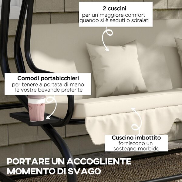 VivaGarden Dondolo da Giardino 3 Posti Reclinabile a Letto con Tettuccio Parasole e Portabicchieri in Acciaio/Poliestere Dimensioni 200x120x164 cm 