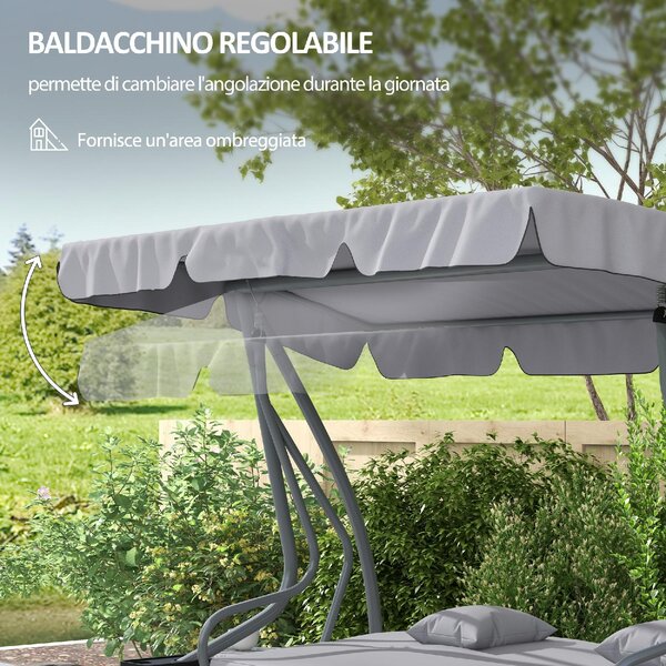 VivaGarden Dondolo da Giardino 3 Posti Reclinabile a Letto con Tettuccio Parasole e Portabicchieri in Metallo Dimensioni 200x120x164 cm colore Grigio