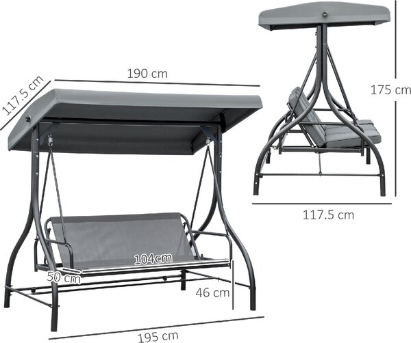 VivaGarden Dondolo da Giardino 3 Posti Reclinabile a Letto con Tettuccio Parasole in Metallo/Poliestere Dimensioni 195x117x175 cm colore Grigio Scuro