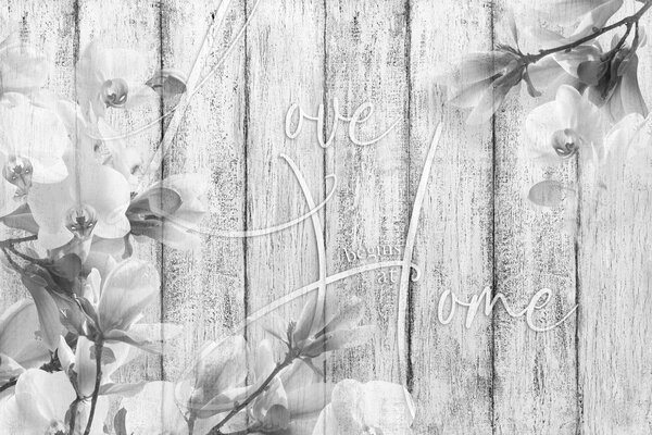 Carta da parati – Natura in Bianco e Nero con Scritta - Love begins at home