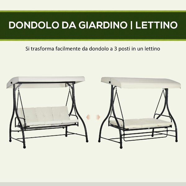 VivaGarden Dondolo da Giardino 3 Posti Reclinabile a Letto con Tettuccio Parasole in Metallo/Poliestere Dimensioni 195x117x175 cm colore Crema/Nero