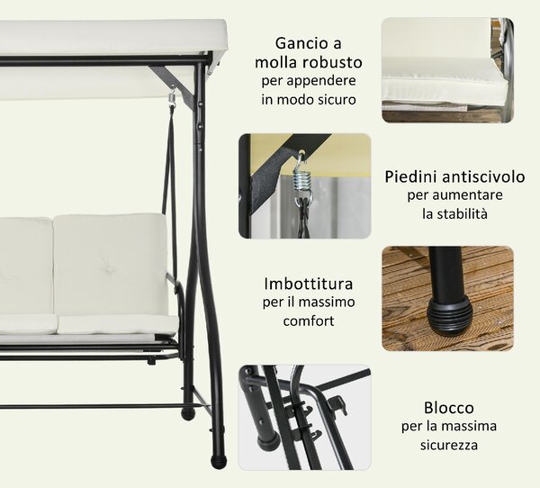 VivaGarden Dondolo da Giardino 3 Posti Reclinabile a Letto con Tettuccio Parasole in Metallo/Poliestere Dimensioni 195x117x175 cm colore Crema/Nero