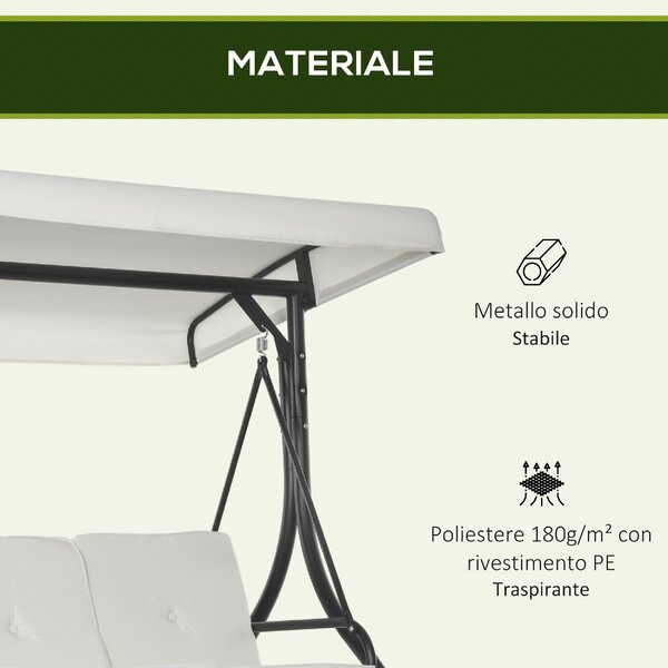 VivaGarden Dondolo da Giardino 3 Posti Reclinabile a Letto con Tettuccio Parasole in Metallo/Poliestere Dimensioni 195x117x175 cm colore Crema/Nero