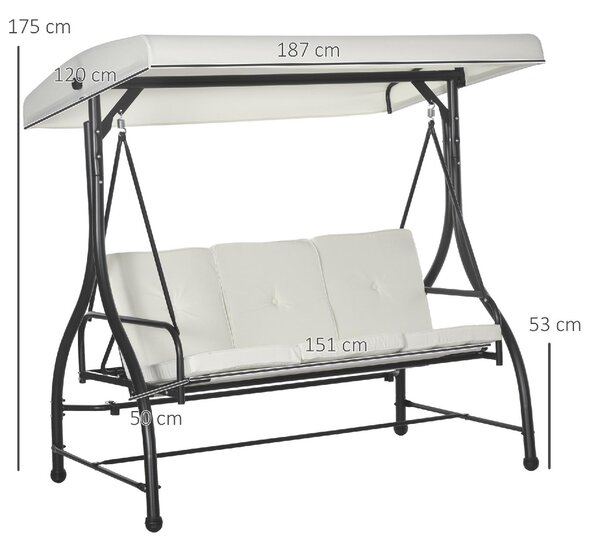 VivaGarden Dondolo da Giardino 3 Posti Reclinabile a Letto con Tettuccio Parasole in Metallo/Poliestere Dimensioni 195x117x175 cm colore Crema/Nero