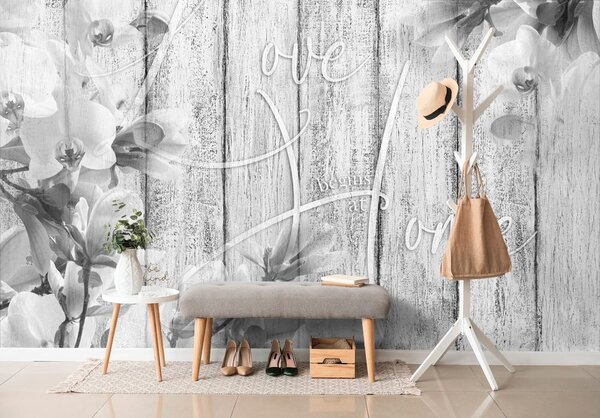 Carta da parati – Natura in Bianco e Nero con Scritta - Love begins at home