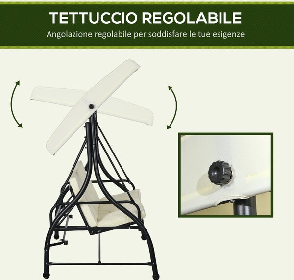 VivaGarden Dondolo da Giardino 3 Posti Reclinabile a Letto con Tettuccio Parasole in Metallo/Poliestere Dimensioni 195x117x175 cm colore Crema/Nero