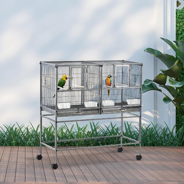AllMyPets Doppia Gabbia per Uccelli in Metallo con Vassoi Estraibili Supporto con 4 Ruote e Ripiano 95x45.5x102cm Grigio - 52ekD10