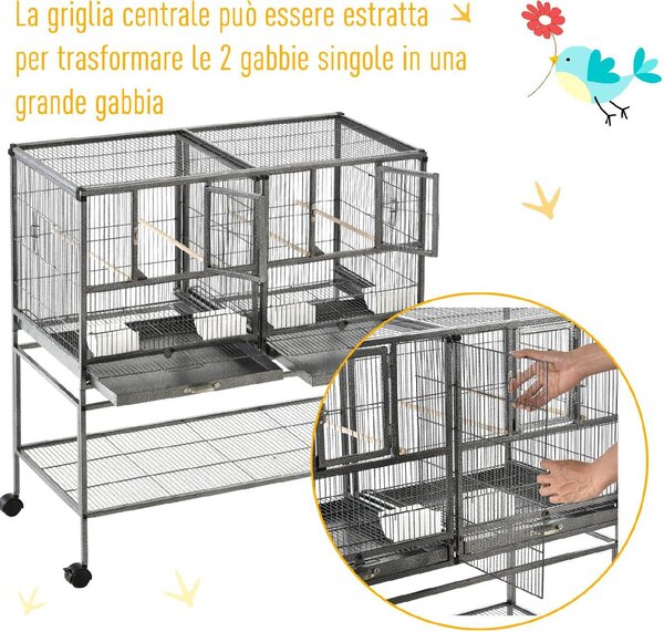 AllMyPets Doppia Gabbia per Uccelli in Metallo con Vassoi Estraibili Supporto con 4 Ruote e Ripiano 95x45.5x102cm Grigio - 52ekD10