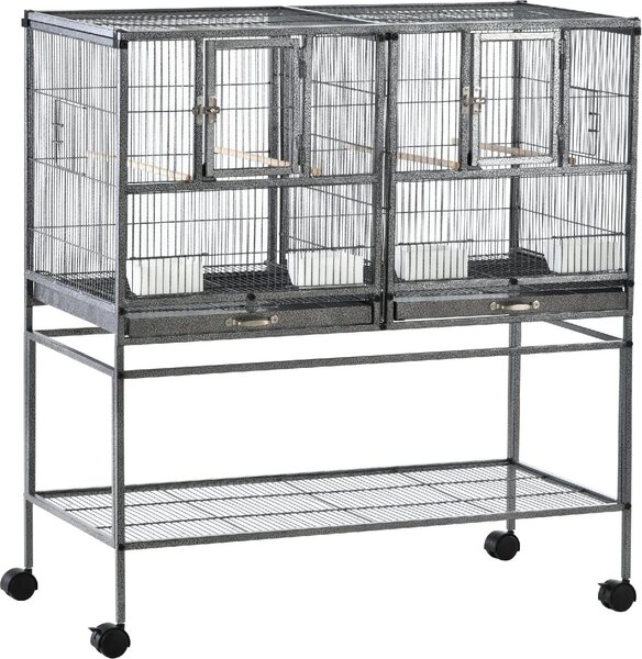 AllMyPets Doppia Gabbia per Uccelli in Metallo con Vassoi Estraibili Supporto con 4 Ruote e Ripiano 95x45.5x102cm Grigio - 52ekD10