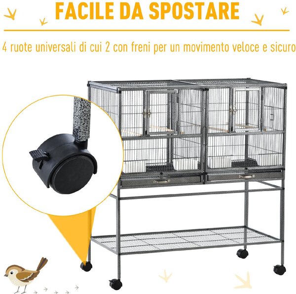 AllMyPets Doppia Gabbia per Uccelli in Metallo con Vassoi Estraibili Supporto con 4 Ruote e Ripiano 95x45.5x102cm Grigio - 52ekD10