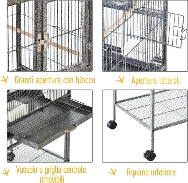AllMyPets Doppia Gabbia per Uccelli in Metallo con Vassoi Estraibili Supporto con 4 Ruote e Ripiano 95x45.5x102cm Grigio - 52ekD10
