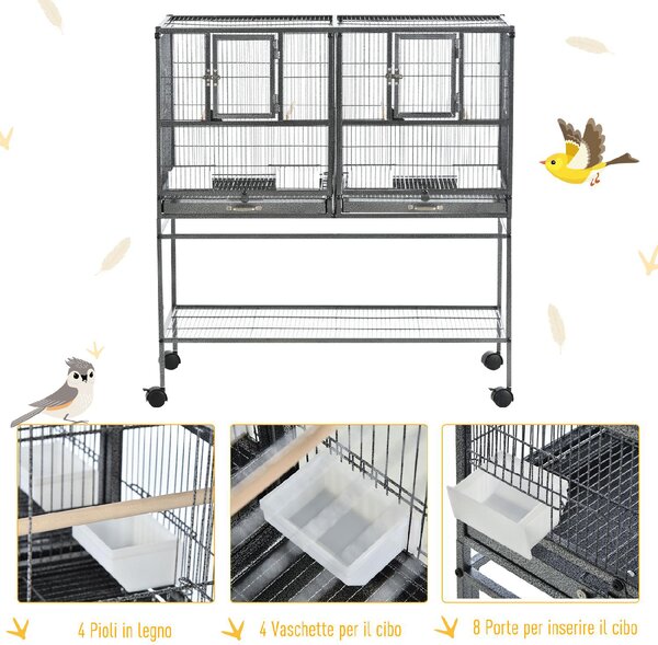 AllMyPets Doppia Gabbia per Uccelli in Metallo con Vassoi Estraibili Supporto con 4 Ruote e Ripiano 95x45.5x102cm Grigio - 52ekD10