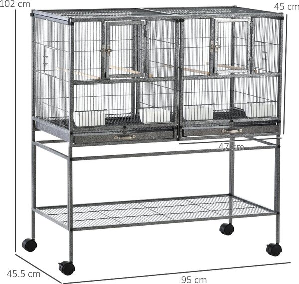 AllMyPets Doppia Gabbia per Uccelli in Metallo con Vassoi Estraibili Supporto con 4 Ruote e Ripiano 95x45.5x102cm Grigio - 52ekD10