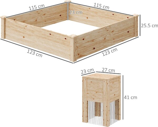 VivaGarden Fioriera da Esterno in Legno di Abete con Compostiera e Fondo Aperto 123x123x25.5 cm colore Legno - K627ND