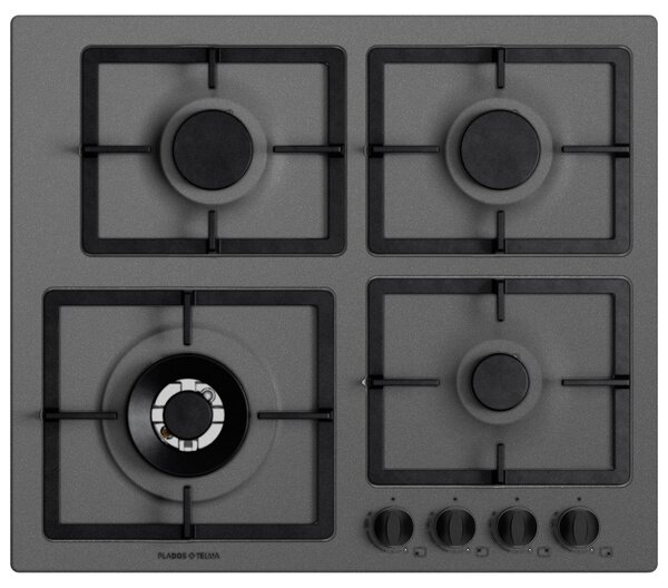 Plados FLAT60 Piano Cottura 4 Fuochi a Gas 60 cm Griglie in Ghisa (1 Bruciatore Tripla Corona) colore Titanio