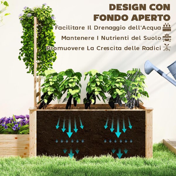 VivaGarden Fioriera Rialzata con Grigliato per Rampicanti e Divisorio in Legno di Abete 222x63x132 cm colore Legno - K628ND