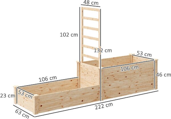 VivaGarden Fioriera Rialzata con Grigliato per Rampicanti e Divisorio in Legno di Abete 222x63x132 cm colore Legno - K628ND