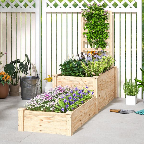 VivaGarden Fioriera Rialzata con Grigliato per Rampicanti e Divisorio in Legno di Abete 222x63x132 cm colore Legno - K628ND