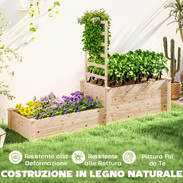 VivaGarden Fioriera Rialzata con Grigliato per Rampicanti e Divisorio in Legno di Abete 222x63x132 cm colore Legno - K628ND