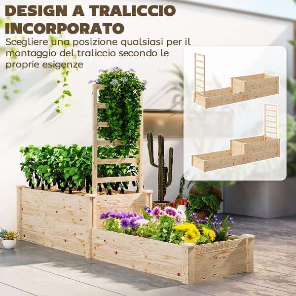 VivaGarden Fioriera Rialzata con Grigliato per Rampicanti e Divisorio in Legno di Abete 222x63x132 cm colore Legno - K628ND