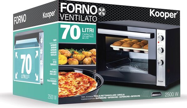 Kooper Forno Elettrico Fornetto Ventilato Capacit 70 Litri, Potenza 2500 Watt con Teglia, Griglia e Pinza, colore Nero e Acciaio - 9313659