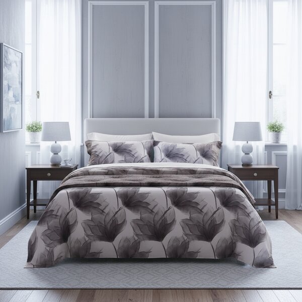 Completo Lenzuola In Raso Di Cotone Abstract Flower Matrimoniale - 250X290 175X205 + 2 Federe 50X80 Mirabello Floreale Rosa Caleffi