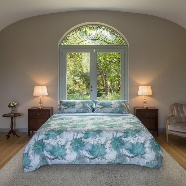 Completo Lenzuola In Percalle Sea Flower Matrimoniale - 250X290 175X205 + 2 Federe 50X80 Mirabello Floreale Turchese Caleffi