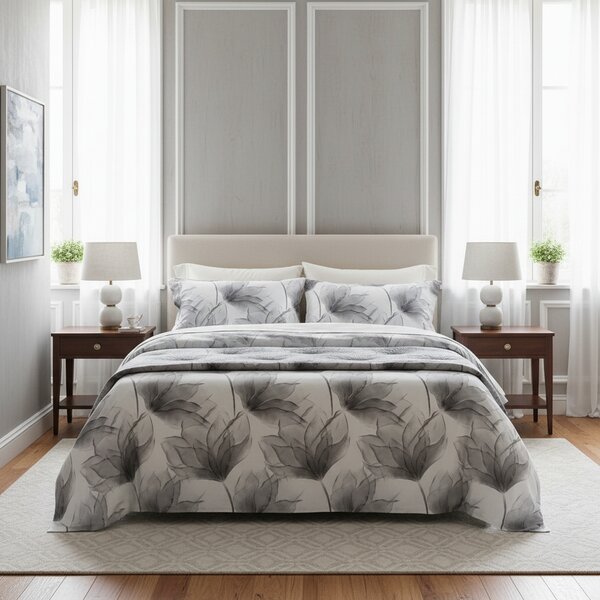 Completo Lenzuola In Raso Di Cotone Abstract Flower Matrimoniale - 250X290 175X205 + 2 Federe 50X80 Mirabello Floreale Grigio Caleffi
