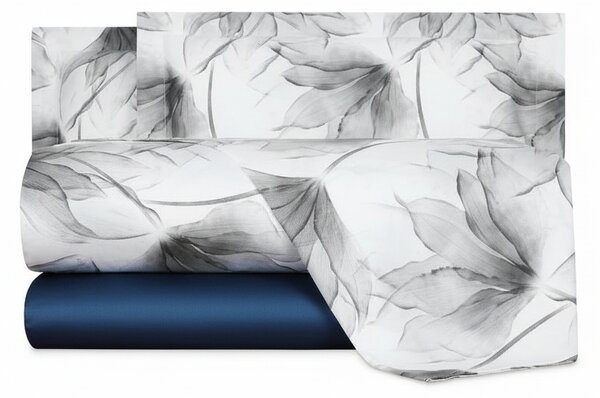 Completo Lenzuola In Raso Di Cotone Abstract Flower Matrimoniale - 250X290 175X205 + 2 Federe 50X80 Mirabello Floreale Grigio Caleffi