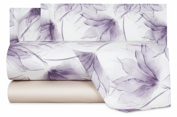 Completo Lenzuola In Raso Di Cotone Abstract Flower Matrimoniale - 250X290 175X205 + 2 Federe 50X80 Mirabello Floreale Rosa Caleffi