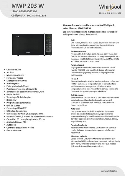 Whirlpool Forno Microonde Combinato con Grill Capacit 20 Litri Potenza 700 Watt colore Bianco - MWP 203 W