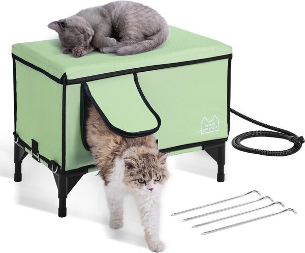 Rifugio riscaldato per gatti - Grotta per gatti 53x33x42 cm Verde (M) - Casetta per gatti resistente alle intemperie per uso interno ed esterno