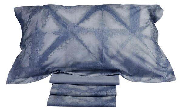 Completo Lenzuola In Percalle Shibori Singolo - 160X290 90X205 + 1 Federa 50X80 Emporium Geometrico Bluette Caleffi