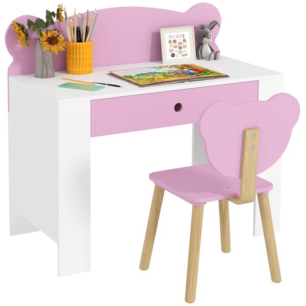 AIYAPLAY Set Scrivania per Bambini con Cassetto e Sedia con Schienale a Orsetto, Età 3-8 Anni, Rosa | Aosom Italy