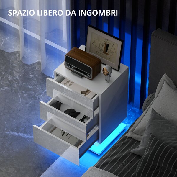 HOMCOM Comodino Moderno con Luce LED Regolabile con Telecomando e 3 Cassetti, 40x35x60 cm, Bianco Lucido | Aosom Italy