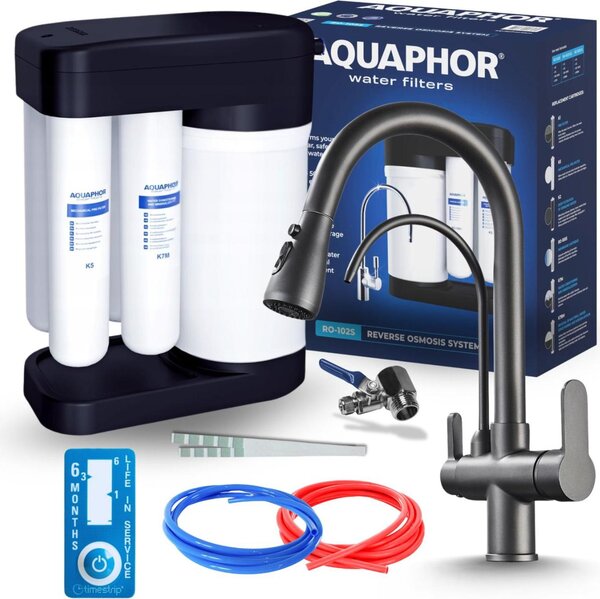 Miscelatore da cucina a 3 vie Nordic con sistema a osmosi inversa Morion 102S RO, bocca separata per l'acqua filtrata, doccetta estraibile, bocca girevole