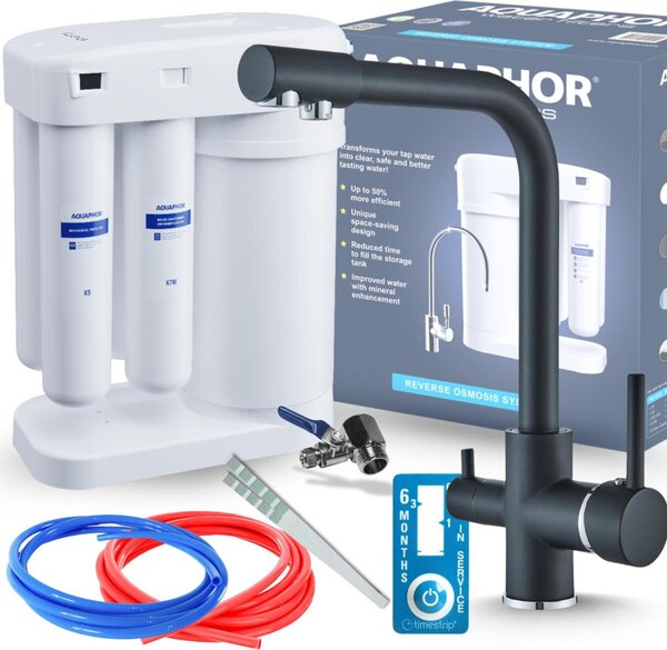Rubinetto da cucina a 3 vie Ari Venom 1 con filtro ad osmosi inversa, doppia uscita per acqua filtrata e rete, beccuccio girevole, nero cromato