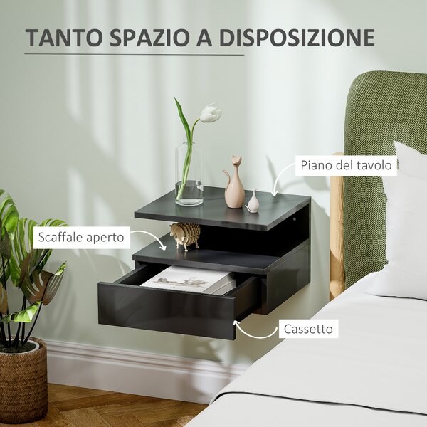 HOMCOM Comodino Sospeso per Camera da Letto con Cassetto e Ripiano Aperto in Legno, 35x32x22.5 cm, Nero Lucido | Aosom Italy