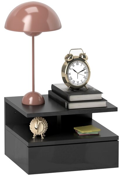 HOMCOM Comodino Sospeso per Camera da Letto con Cassetto e Ripiano Aperto in Legno, 35x32x22.5 cm, Nero Lucido | Aosom Italy
