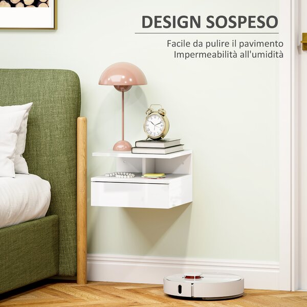 HOMCOM Comodino Sospeso per Camera da Letto con Cassetto e Ripiano Aperto in Legno, 35x32x22.5 cm, Bianco