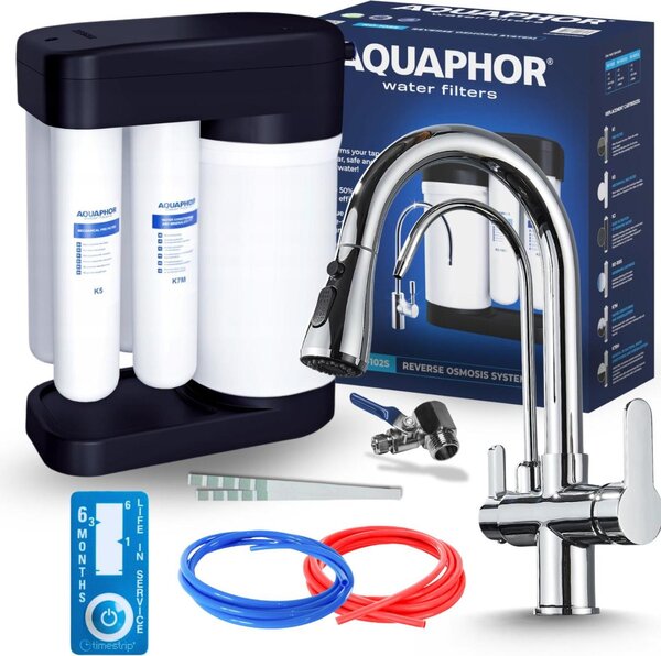 Miscelatore da cucina a 3 vie Nordic con sistema a osmosi inversa Morion 102S RO, bocca separata per l'acqua filtrata, doccetta estraibile, bocca girevole cromata