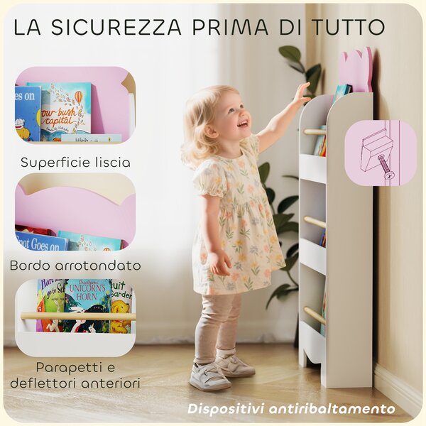 AIYAPLAY Libreria per Bambini con 3 Ripiani a Forma di Orsetto con Barriere Frontali, 55x15x110 cm, Rosa | Aosom Italy
