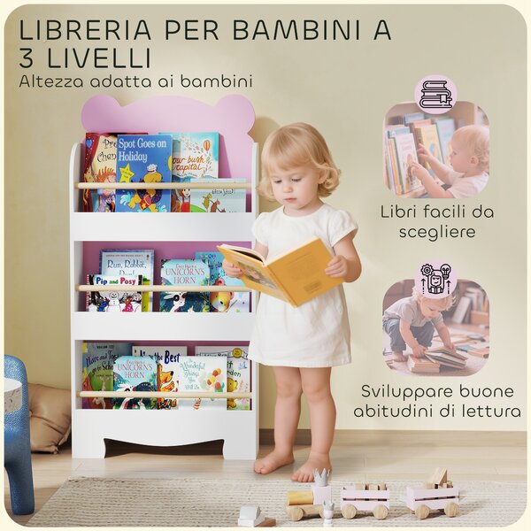 AIYAPLAY Libreria per Bambini con 3 Ripiani a Forma di Orsetto con Barriere Frontali, 55x15x110 cm, Rosa | Aosom Italy