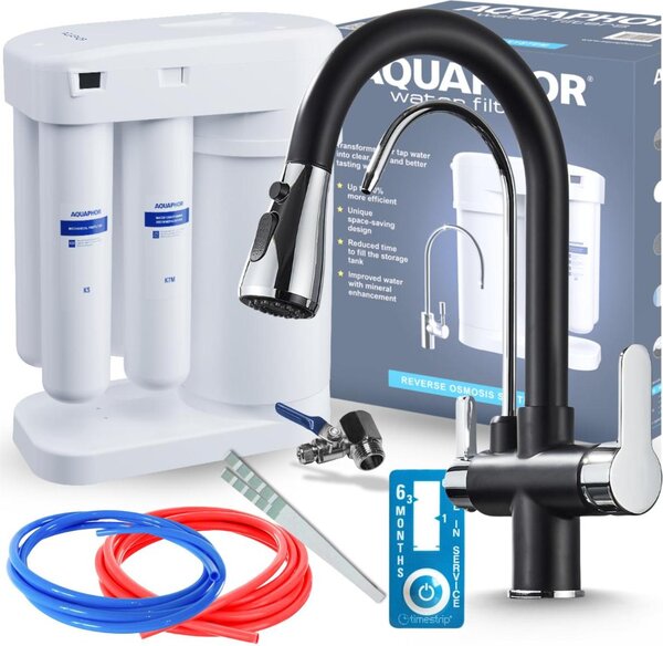 Rubinetto da cucina a 3 vie Ari Nordic con doccetta estraibile e doppia canna girevole, compatibile con filtro acqua, nero cromo
