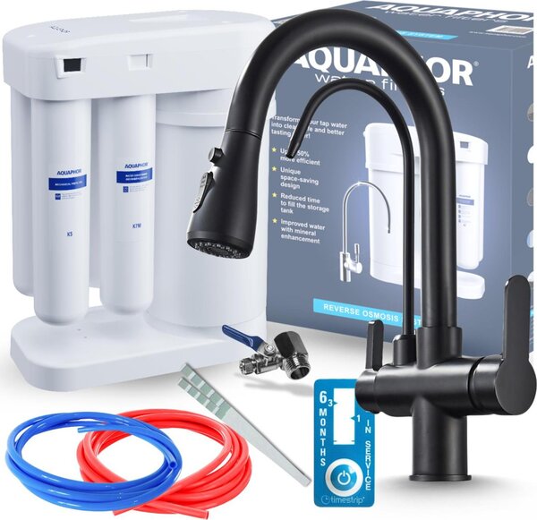 Rubinetto da cucina a 3 vie Aquaphor Morion con doccetta estraibile, doppia uscita per acqua filtrata, nero opaco, con filtro osmosi inversa