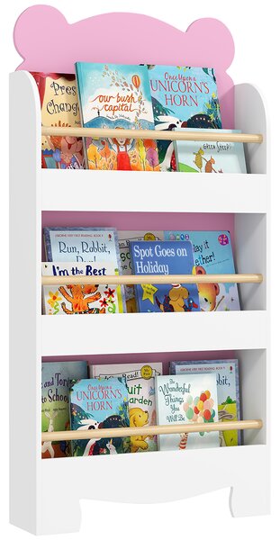 Libreria per Bambini 55x15x110 cm a Forma di Orsetto a 3 Ripiani con Barriere Frontali in MDF e Legno Rosa
