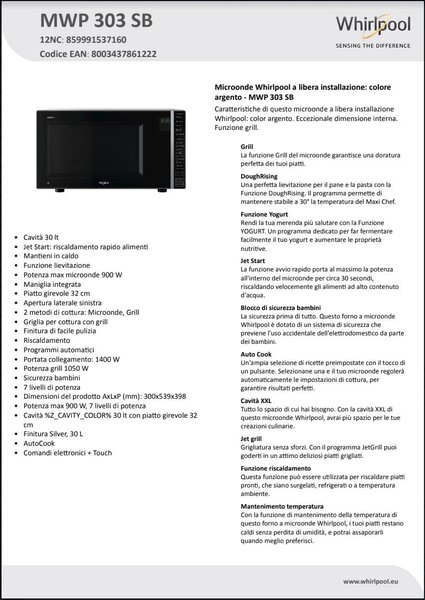 Whirlpool Forno Microonde Combinato con Grill Capacit 30 Litri Potenza 900 Watt colore Grigio - MWP303SB