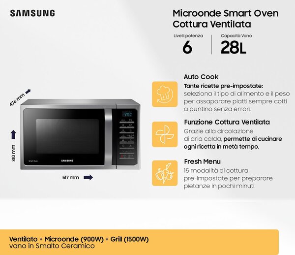 Samsung Forno Microonde Combinato con Grill, Capacit 28 Litri, Potenza 900 Watt, Cottura Ventilata, colore Nero/Argento - MC 28H5015 AS