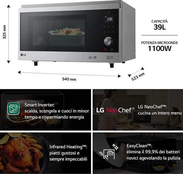 Lg Forno Microonde Combinato con Grill Smart Inverter, con Cottura a Vapore, Capacit 39 Litri, Piatto Microonde Crispy Incluso, Potenza 1350 Watt 